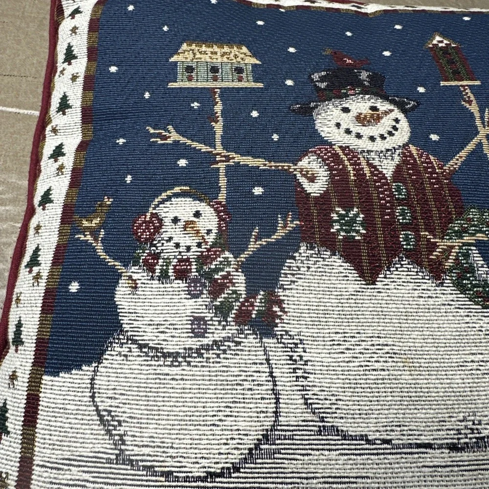 KenTex Tapestry Christmas Pillow Snowmen Birdhouse Made In USA Burgundy Blue